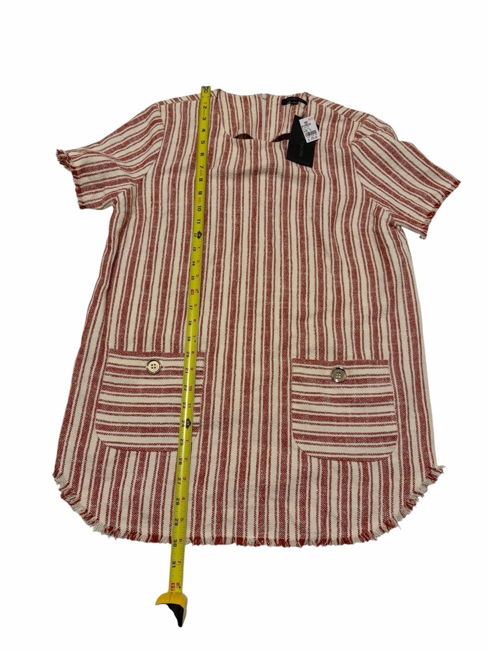 Rachel Zoe Striped Red and Cream Short Sleeve Tunic with Front Pockets,NWT,Sz 10